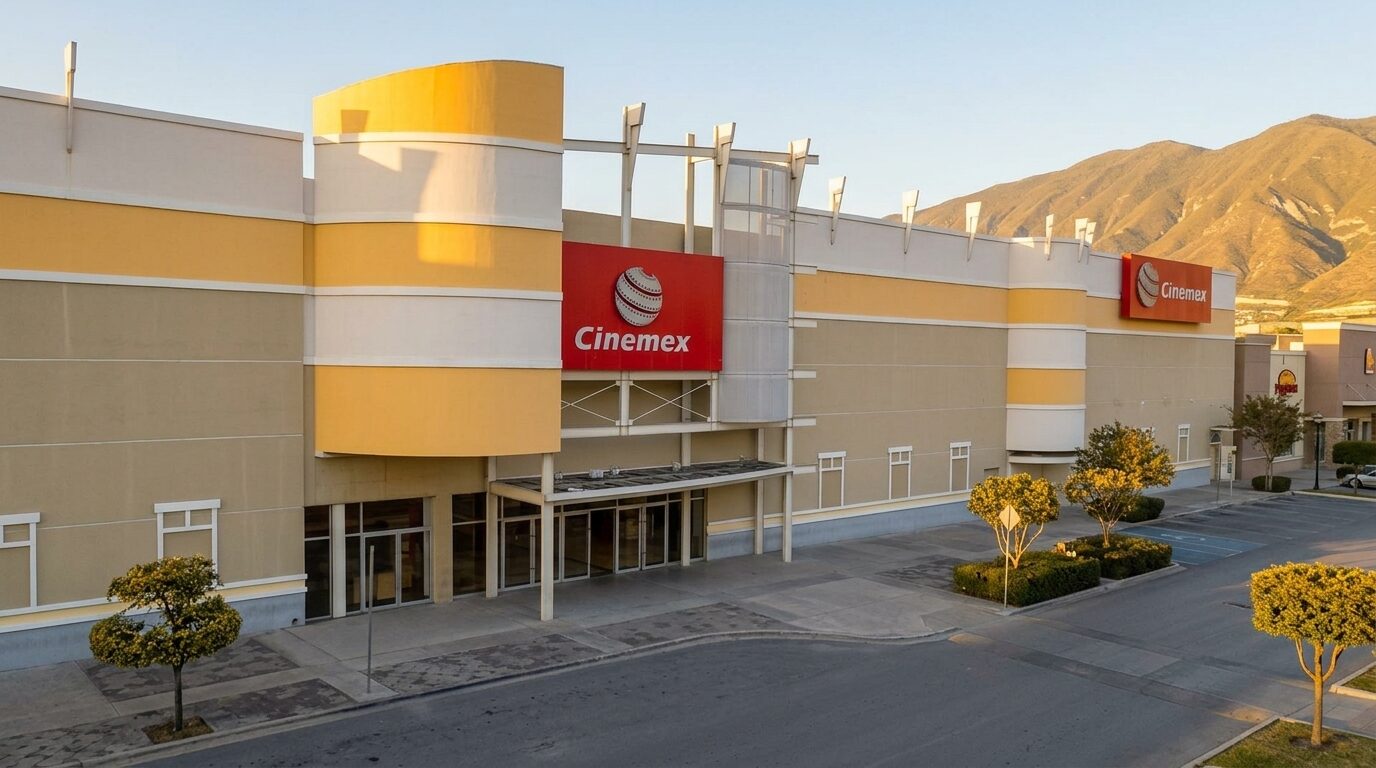 Fachada de un cine Cinemex con su letrero rojo y logo de esfera plateada al atardecer
