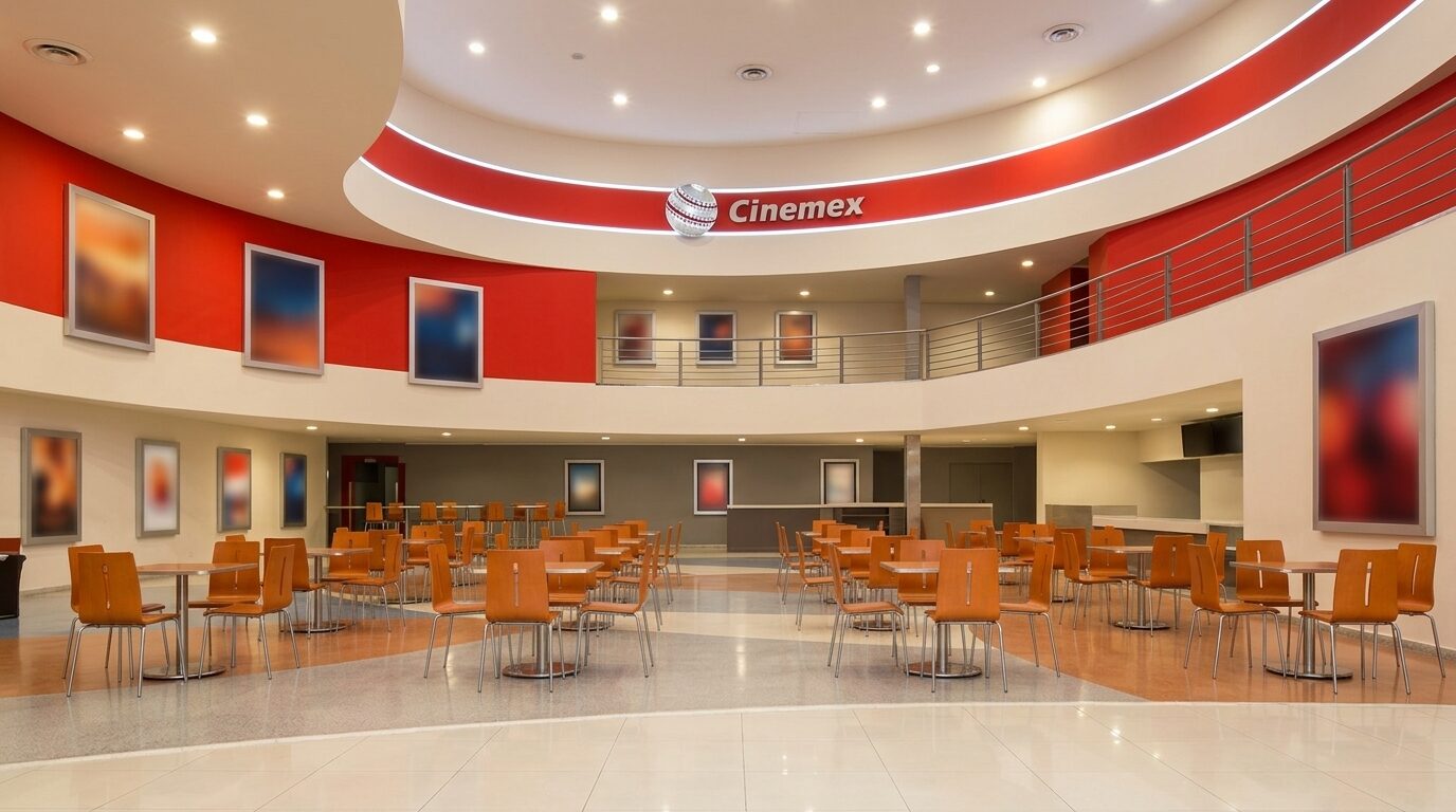 Lobby de un cine Cinemex: pared curva roja con el logo y mesas de dulcería