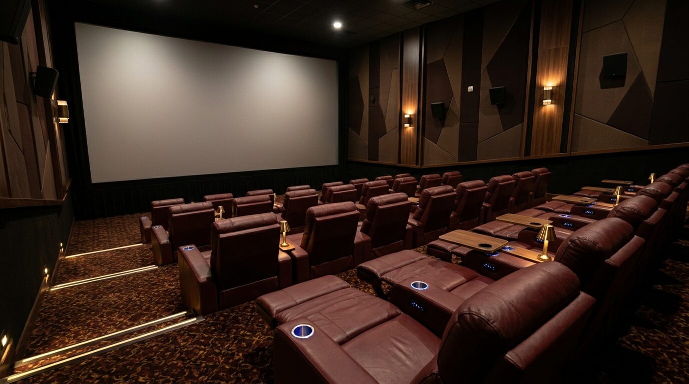 Sala de cine VIP con butacas reclinables de piel y mesitas laterales (imagen ilustrativa)