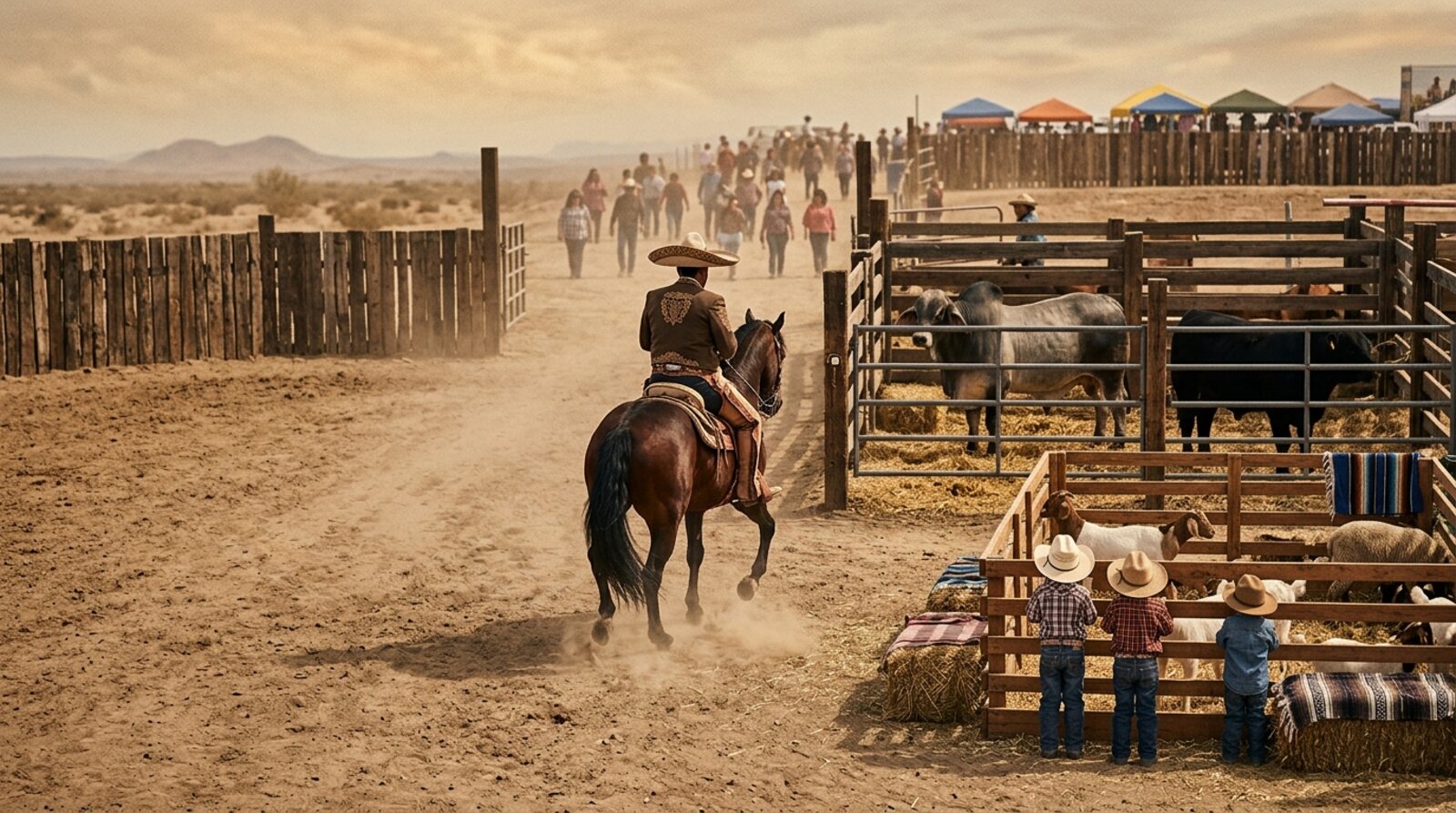 Charro sobre un caballo bailador y niños viendo el ganado en corrales de exhibición — imagen ilustrativa