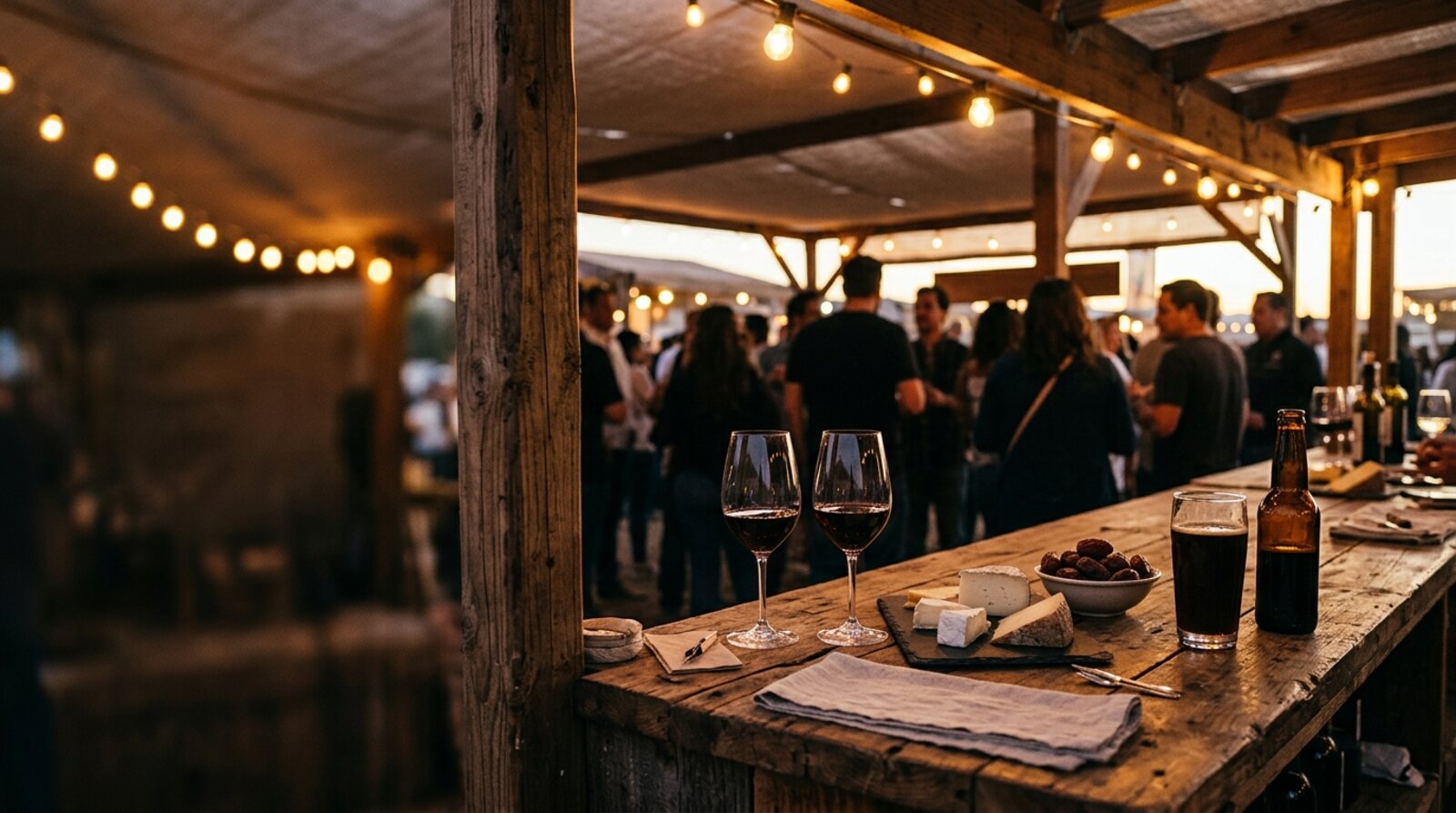 Barra de degustación con vino, queso, dátiles y cerveza artesanal bajo luces cálidas — imagen ilustrativa