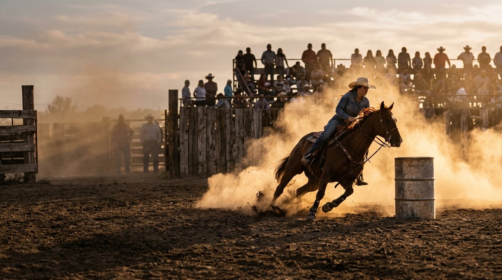 Jinete en carrera de barriles en un rodeo, con público en las gradas — imagen ilustrativa