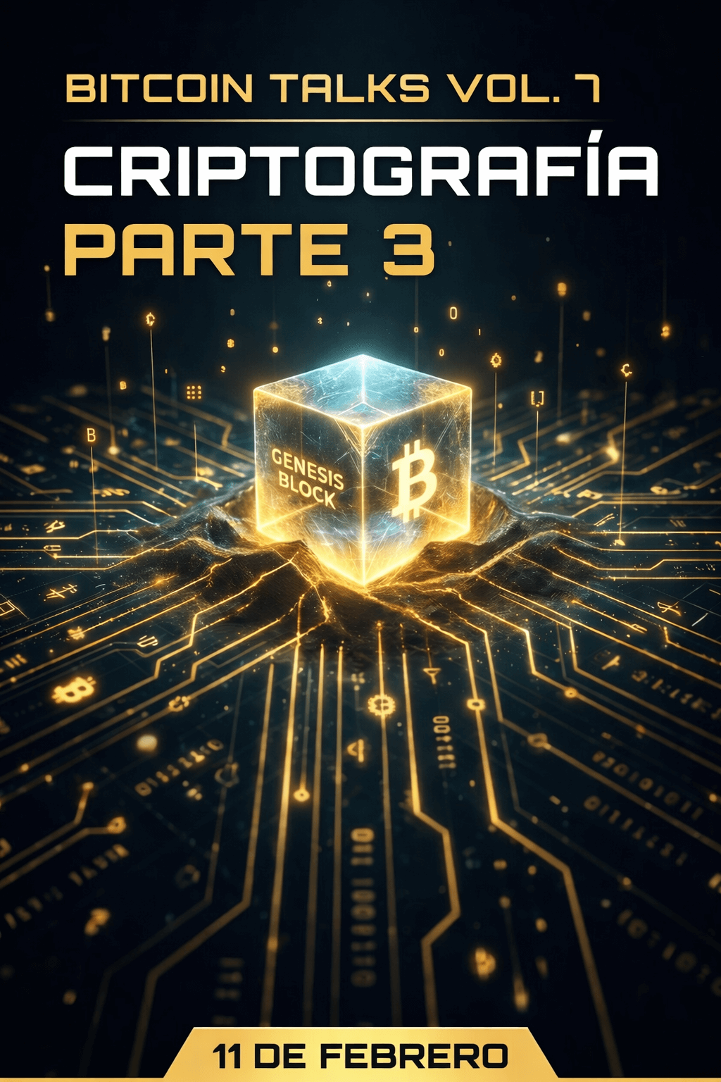 Bitcoin Talks Vol. 7 - Criptografía Parte 3 - 11 de Febrero 2026 Póster de Bitcoin Talks Mexicali Vol. 7 - Criptografía Parte 3 con Genesis Block y diseño tecnológico dorado