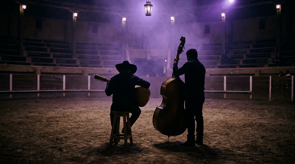 Dos músicos de espaldas con guitarra de doce cuerdas y tololoche bajo luz morada en un palenque en penumbra