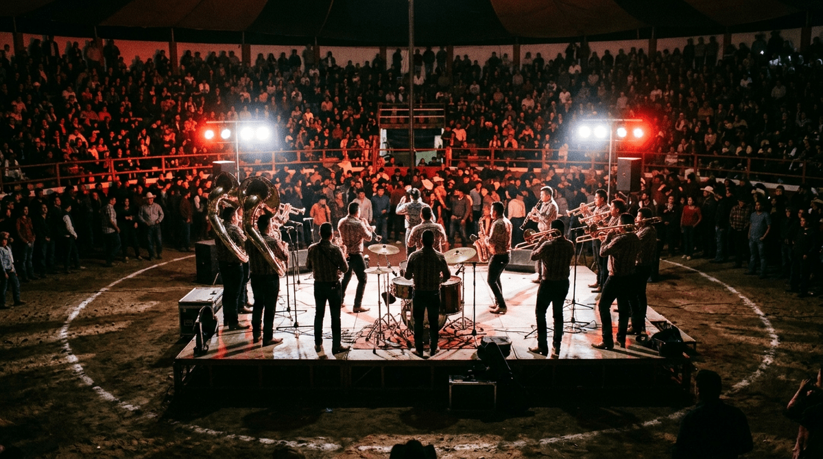 Tubas y trompetas de banda sinaloense brillando bajo reflectores en un palenque lleno