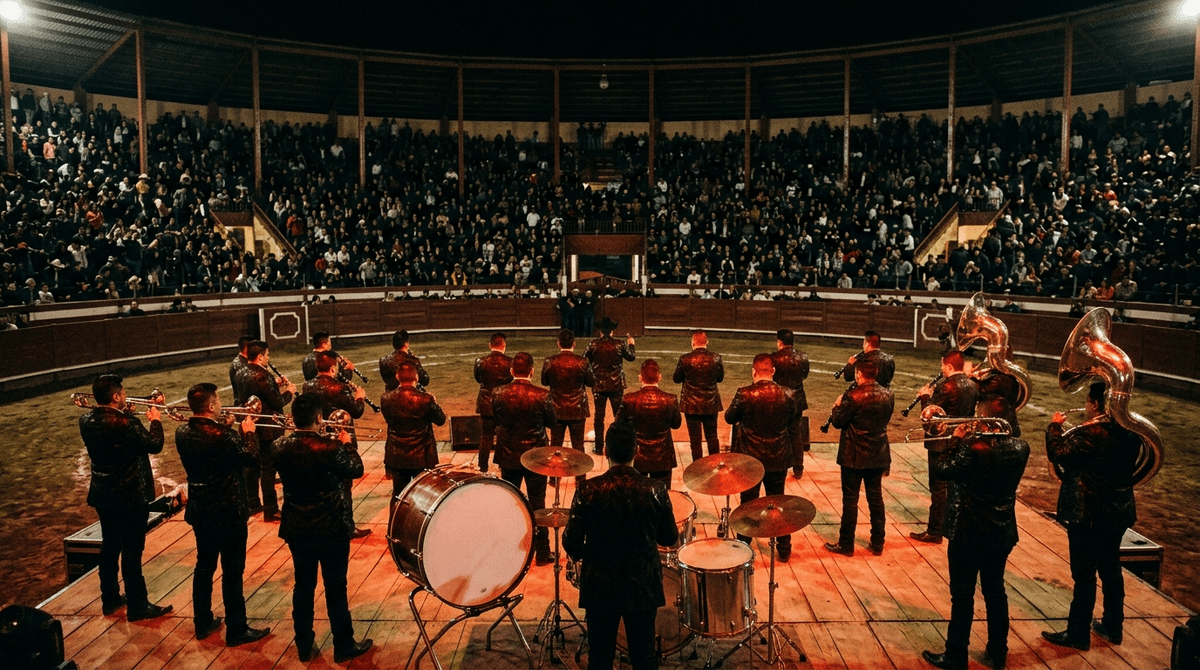 Instrumentos de banda sinaloense en un palenque abarrotado con iluminación roja y dorada