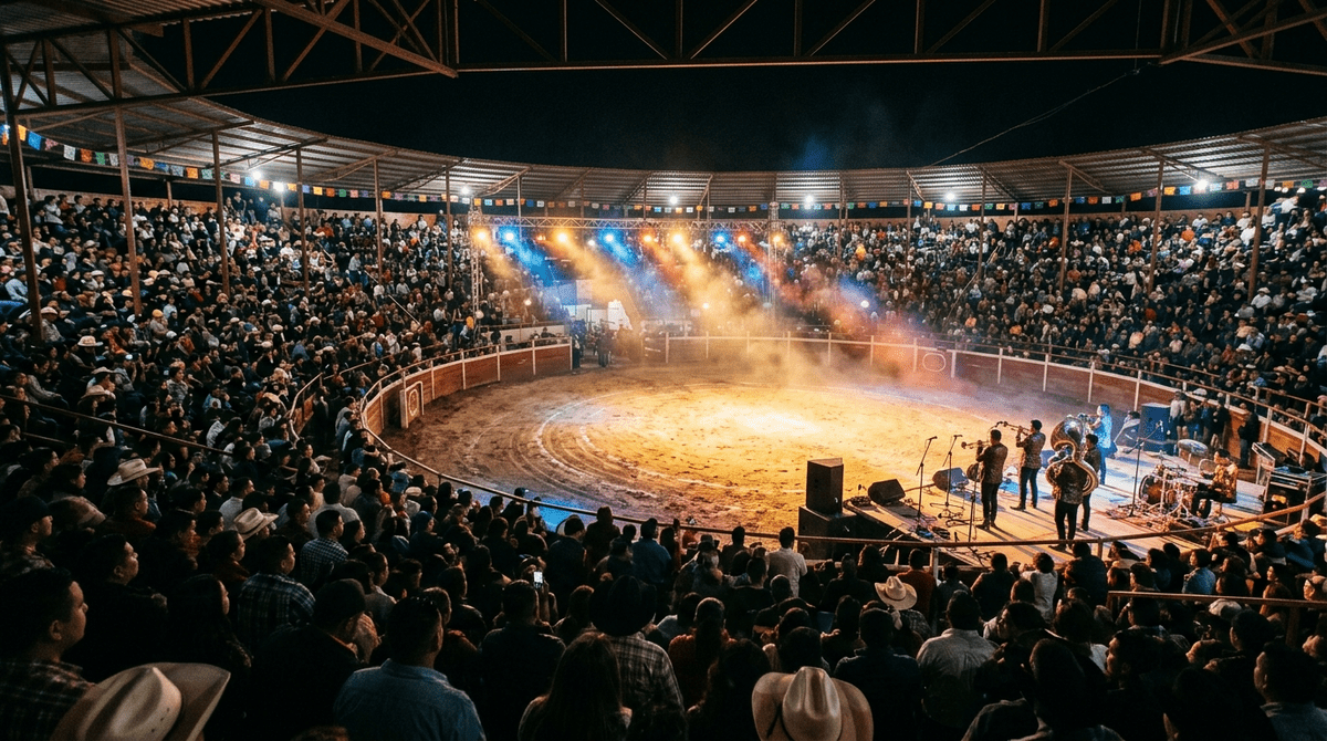 Concierto de noche en Mexicali: palenque del FEX iluminado y lleno de público