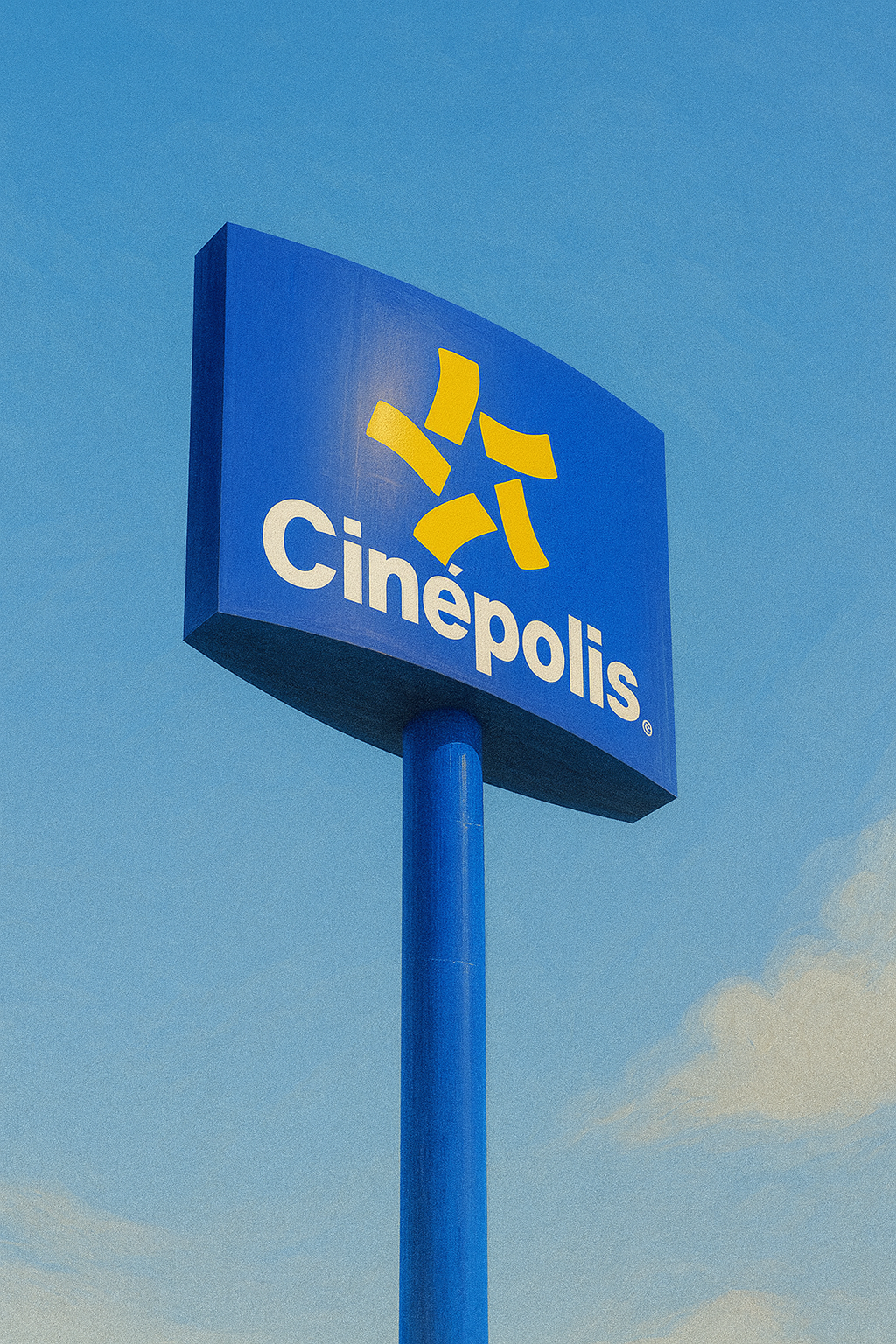 Letrero exterior de Cinépolis con logo azul y amarillo característico sobre fondo de cielo azul en Mexicali