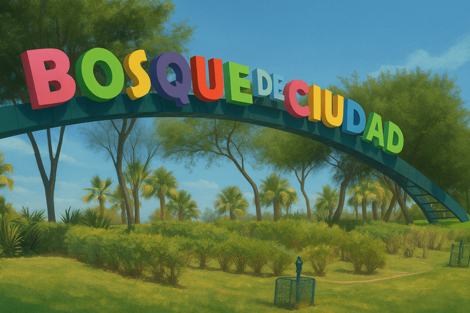 Vista panorámica del Bosque y Zoológico de Mexicali con lago artificial, áreas verdes, familias visitando y animales en exhibición