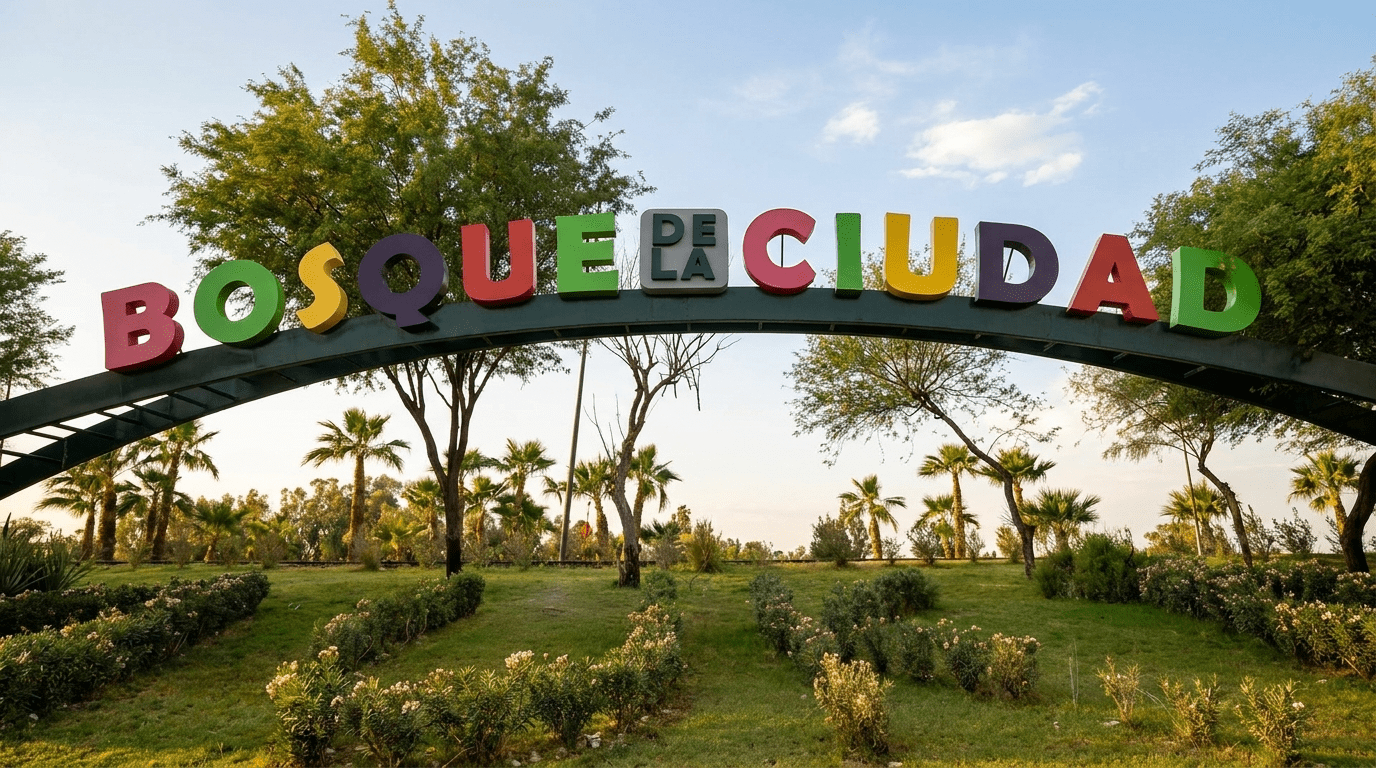 Mexicali City Forest and Zoo: 60-year family oasis with safari, aquatic area and museums Panoramic view of Mexicali's City Forest and Zoo with artificial lake, green areas, visiting families and animals on display