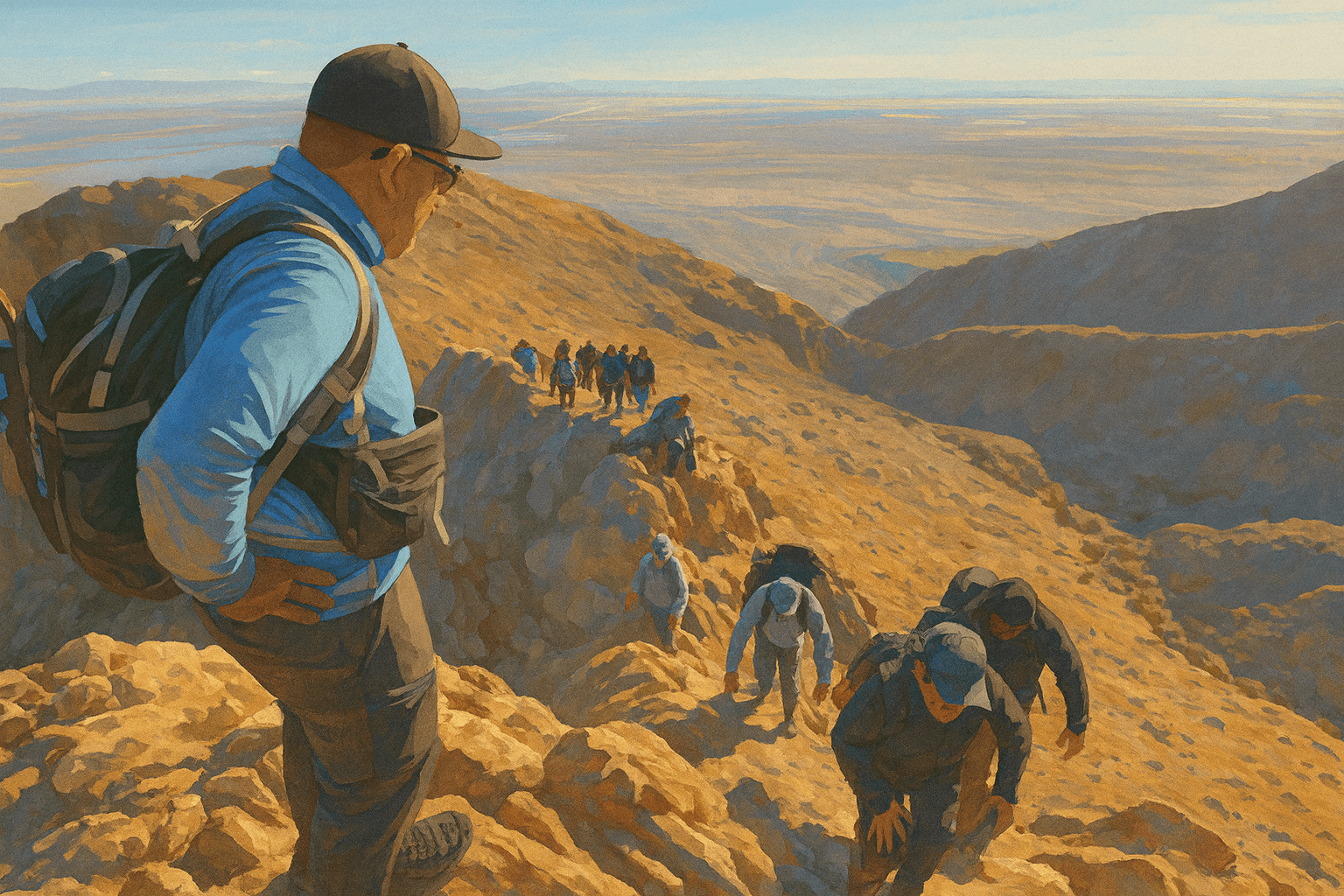 Senderistas ascendiendo el Cerro El Centinela con vista al valle de Mexicali al fondo