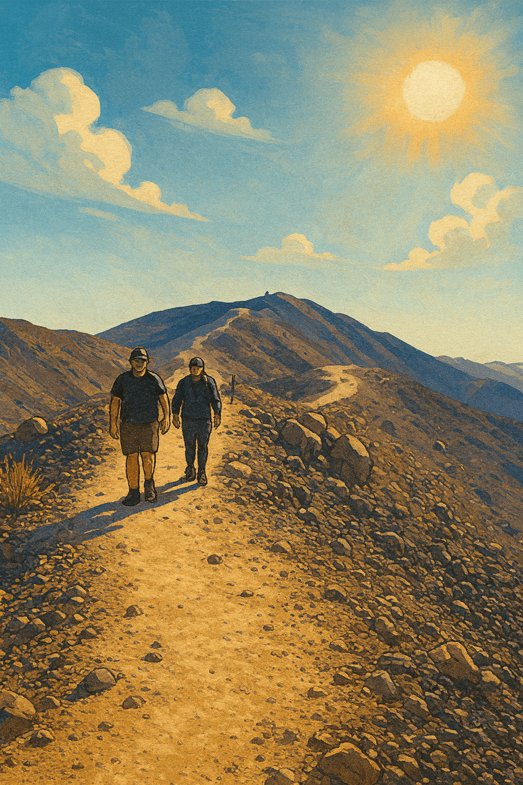 Dos senderistas caminando por el sendero rocoso del Cerro El Ciempiés bajo el sol del desierto con montañas al fondo