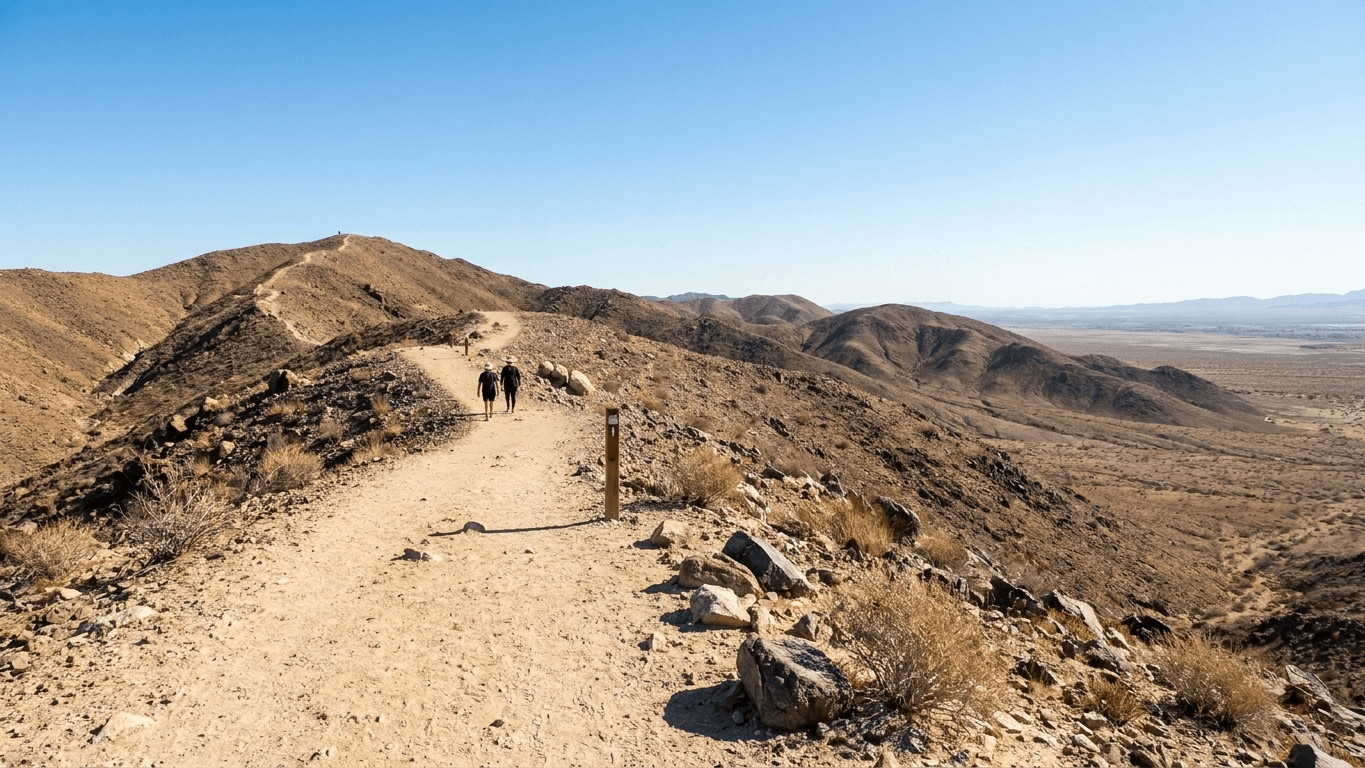 Dos senderistas caminando por el sendero rocoso del Cerro El Ciempiés bajo el sol del desierto con montañas al fondo