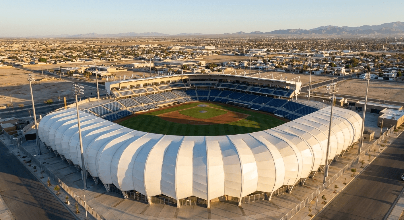 Vista aérea del Estadio Nido de los Águilas en Mexicali con su fachada blanca de plumaje y el campo de béisbol