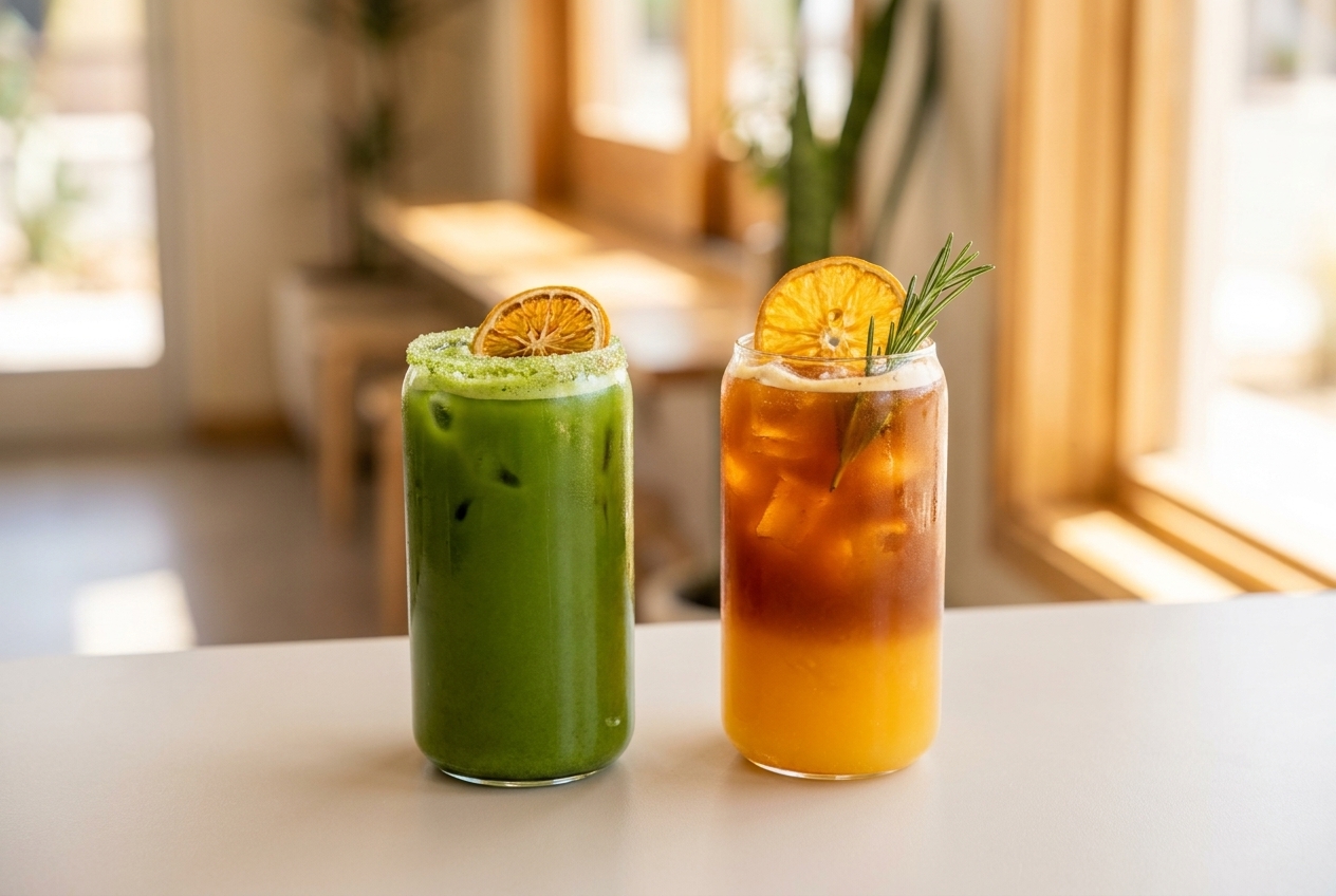 Bebidas de Adxé Café Mexicali: matcha helado con escarcha y Tónico Adxé de naranja con romero