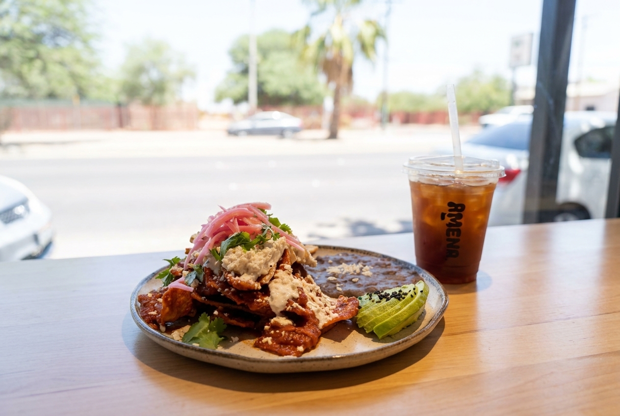 Plato de desayuno emplatado junto a un café frío en la ventana de Ameno en Mexicali