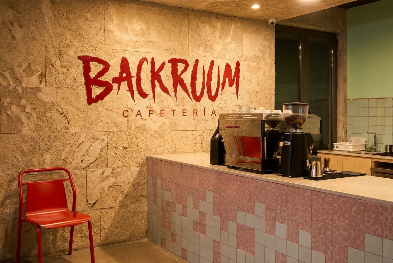 Interior de Backroom Cafetería: logo rojo sobre muro de piedra y barra de azulejo rosa