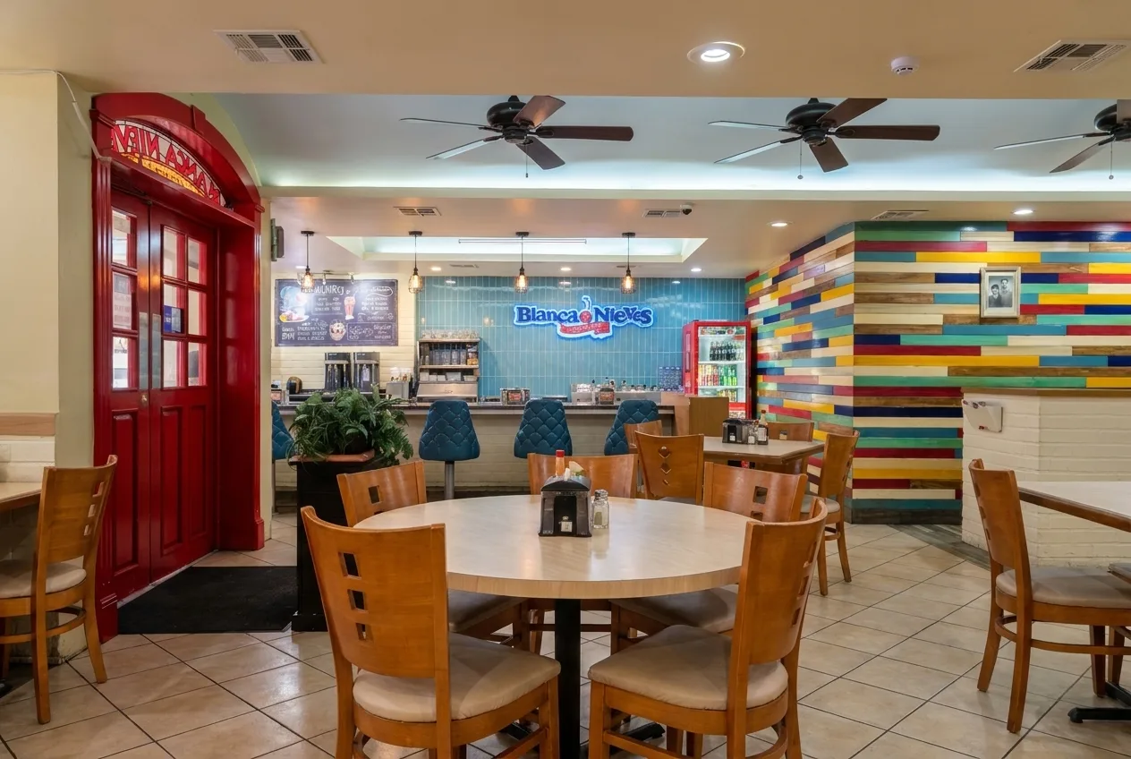 Comedor de Blanca Nieves Restaurant en el centro de Mexicali, con su puerta roja, mesas de madera, pared de franjas de colores y el neón de la barra