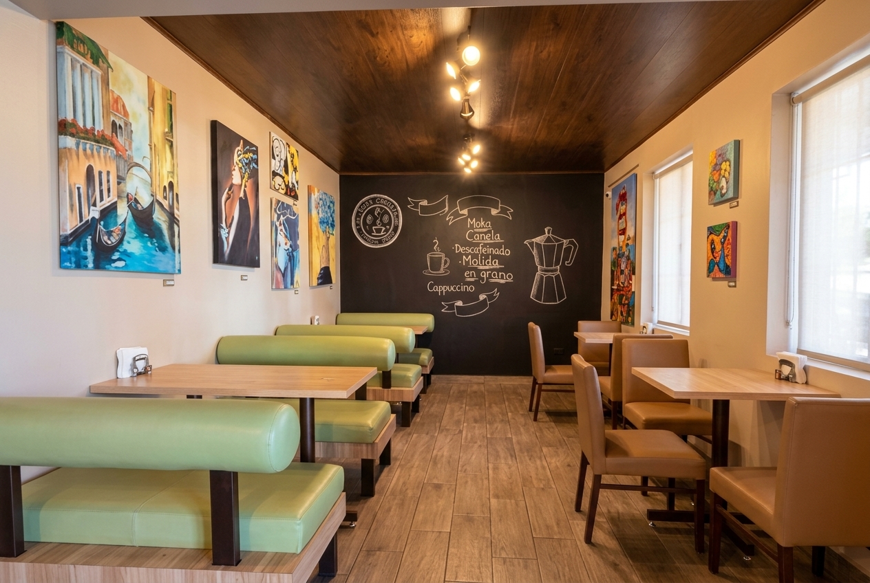 Interior of Café Italiano at Hotel Calafia in Mexicali, with green booths, Venice paintings and a chalkboard menu