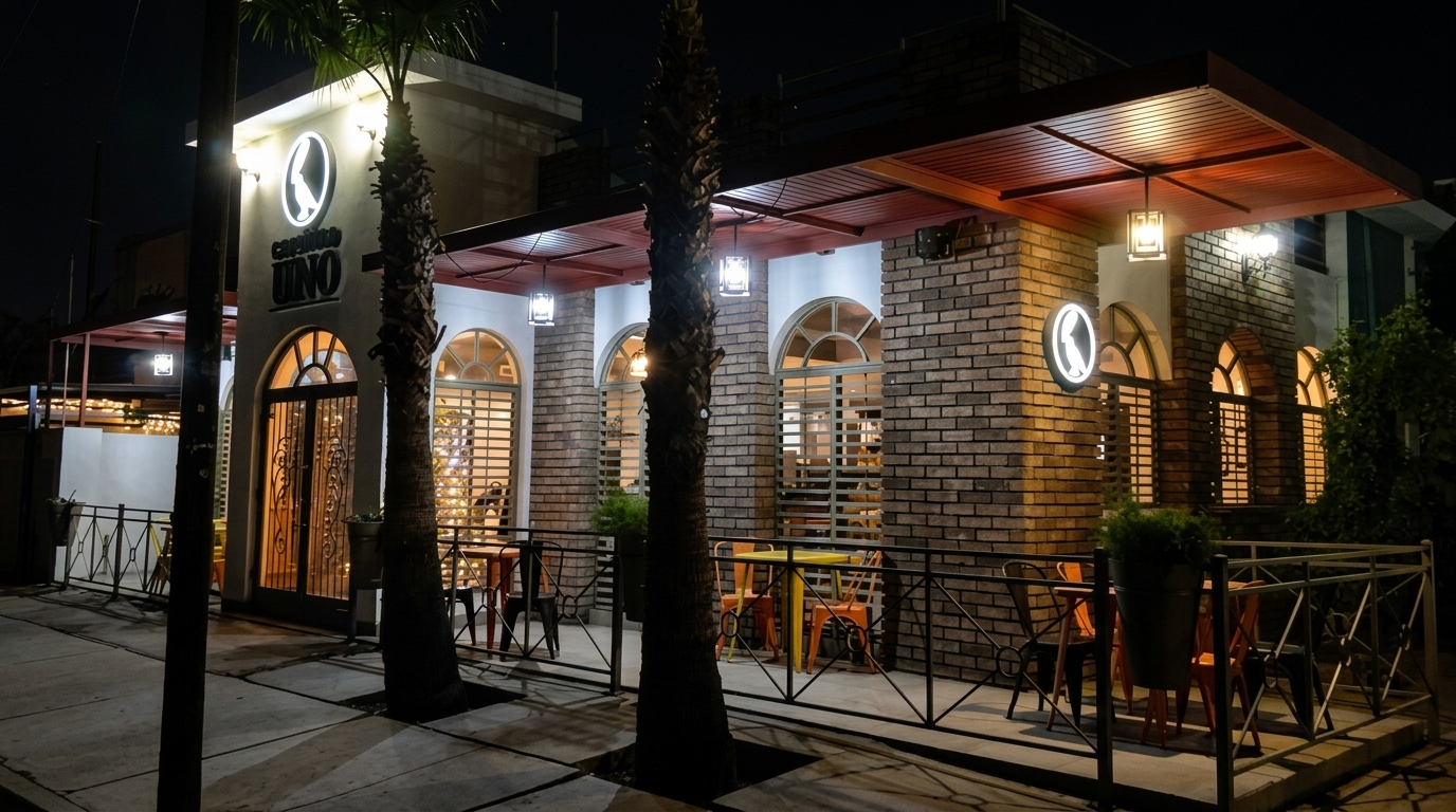 Fachada nocturna de Capítulo Uno: pilares de ladrillo, ventanas de arco iluminadas y terraza con mesas