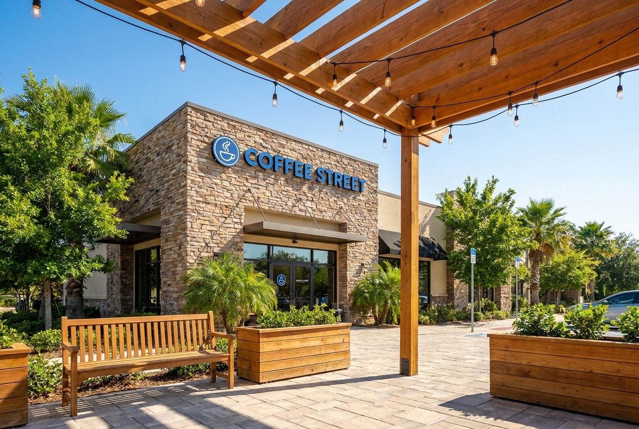 Terraza con pérgola y letrero de Coffee Street en Av. Madereros