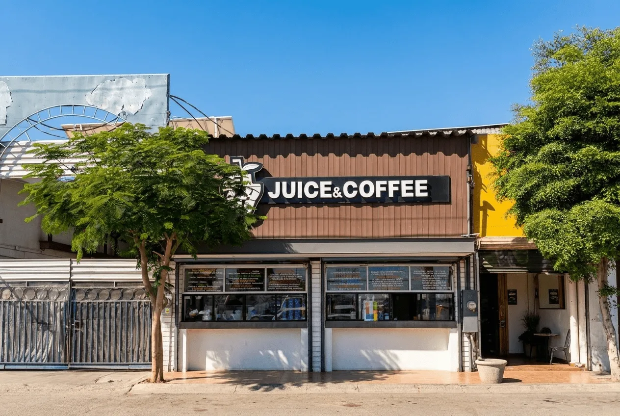 Fachada de El Zana en el Blvd. Lázaro Cárdenas de Mexicali: letrero negro JUICE&COFFEE con una manzana blanca y ventanas con los jugos pintados