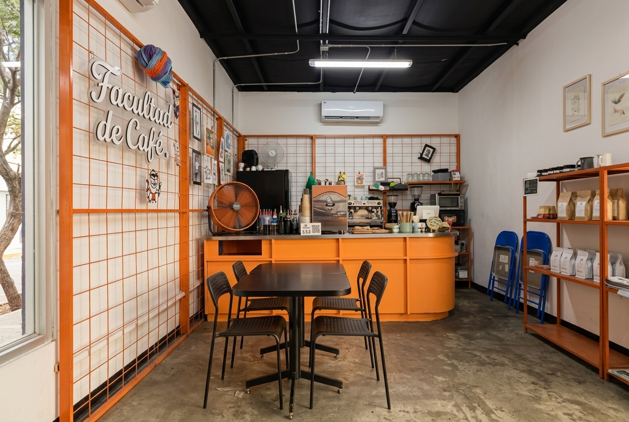 Interior de Facultad de Café en Mexicali con mostrador naranja, rejas con arte y el letrero Facultad de Café