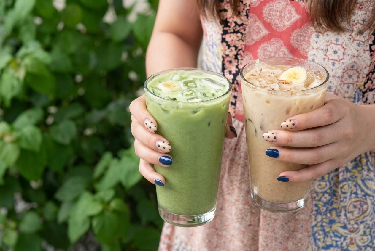 An iced matcha and an iced banana latte among plants at FIKA Coffee Boutique, Mexicali