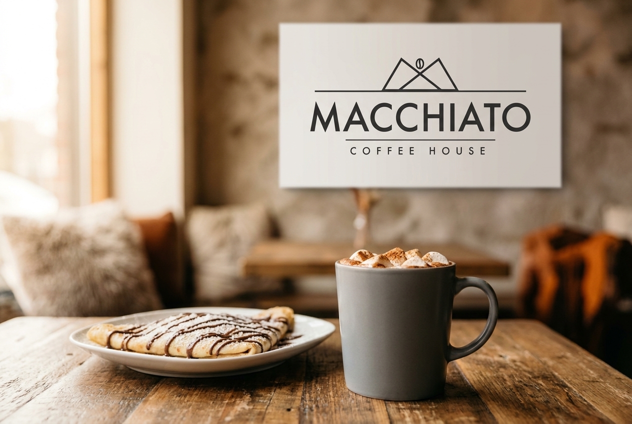 Moka con malvaviscos y crepa frente al logo de Macchiato Coffee House