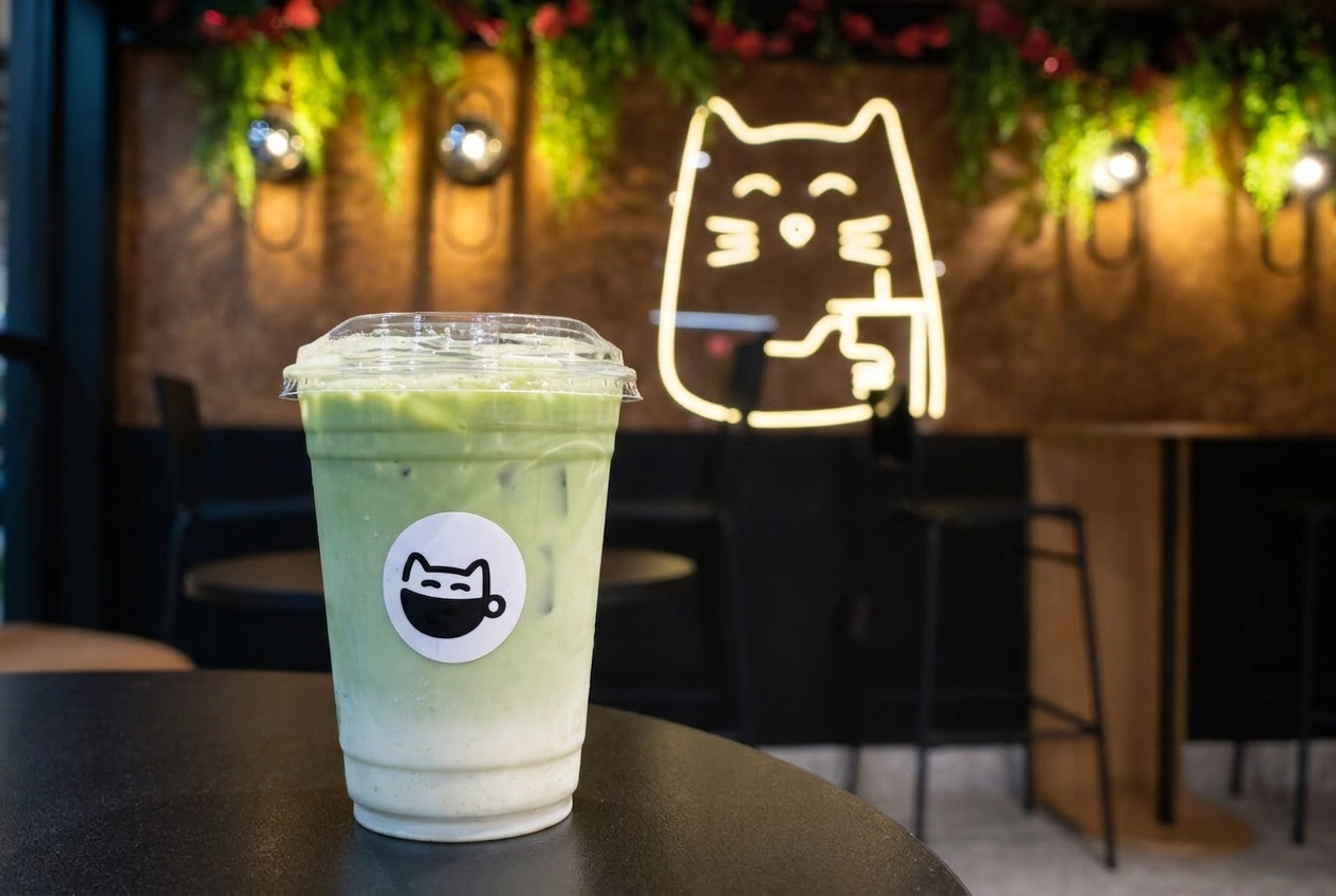 Matcha helado con el logo del gato de Maneki Café frente al gato de neón del local en Mexicali