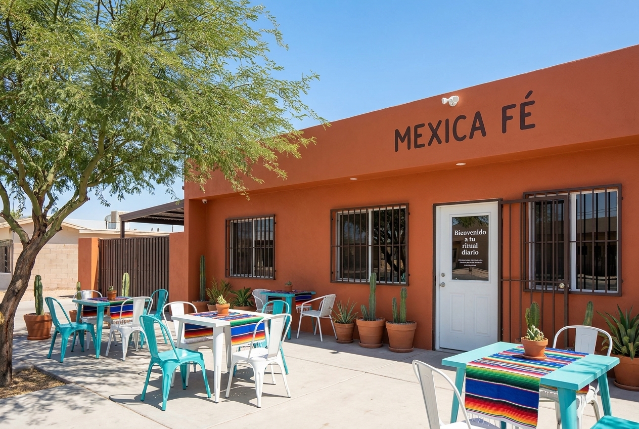 Terracotta facade of Mexica Fé in Mexicali with its sarape-covered patio tables under the mesquite tree