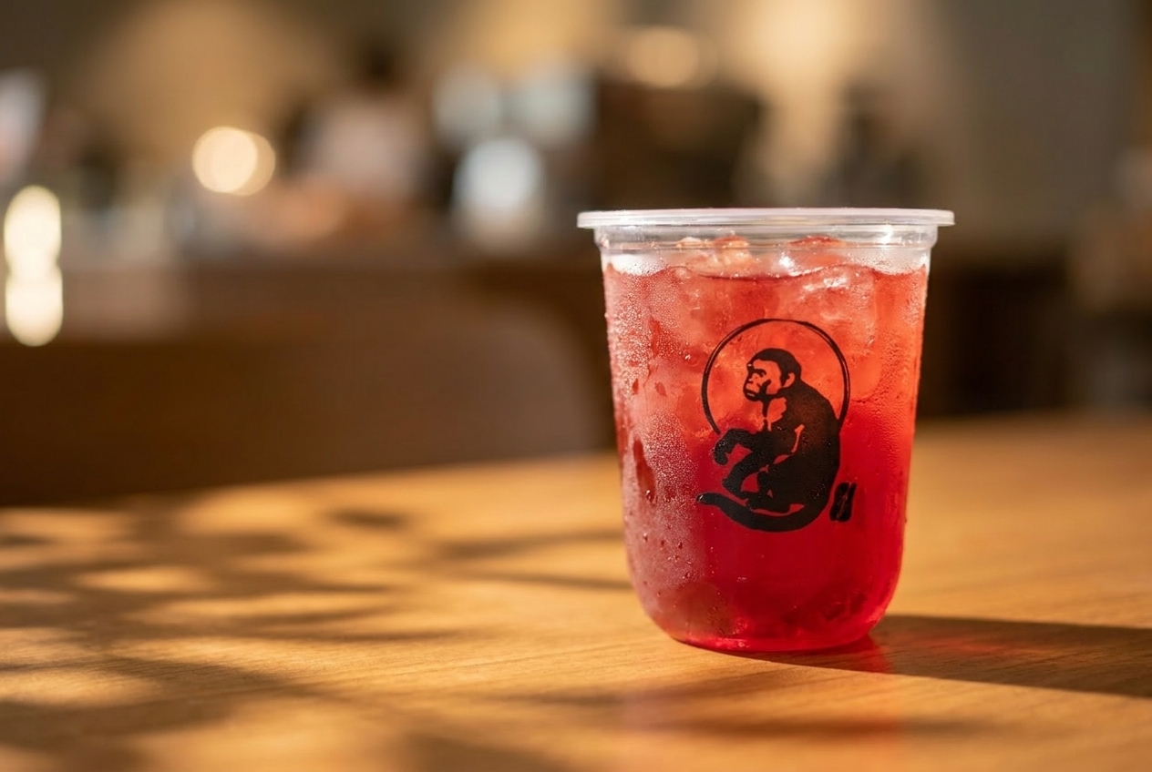 Bebida fría en vaso con el logo del chango de NOKO artisan coffee bar sobre una mesa de madera en Mexicali