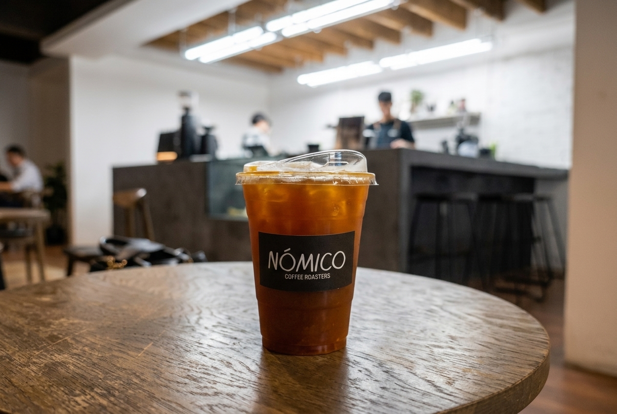 Espresso tonic en vaso con el logo de Nómico Coffee Roasters sobre una mesa de madera de su barra en Mexicali