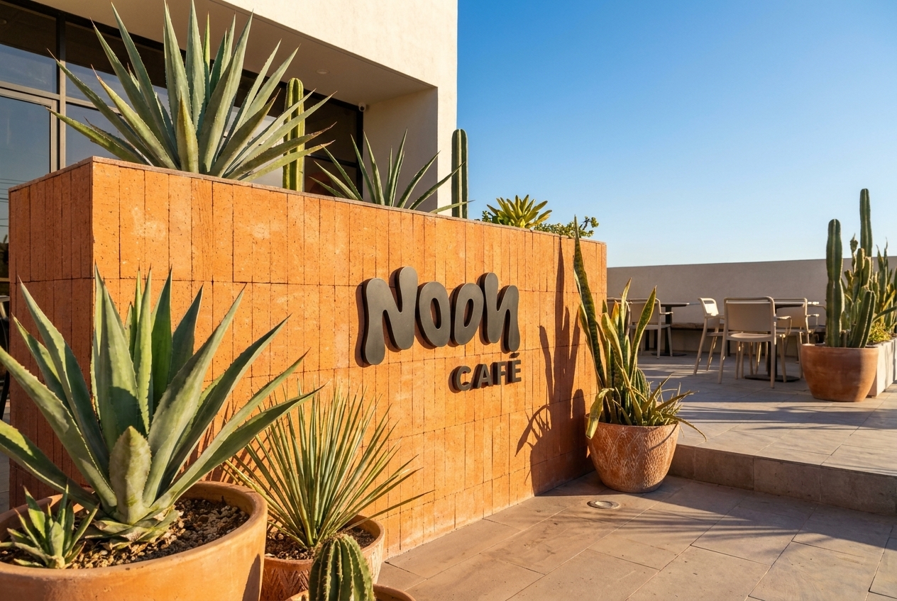 Fachada terracota con cactus de Noon Café en la Col. Independencia