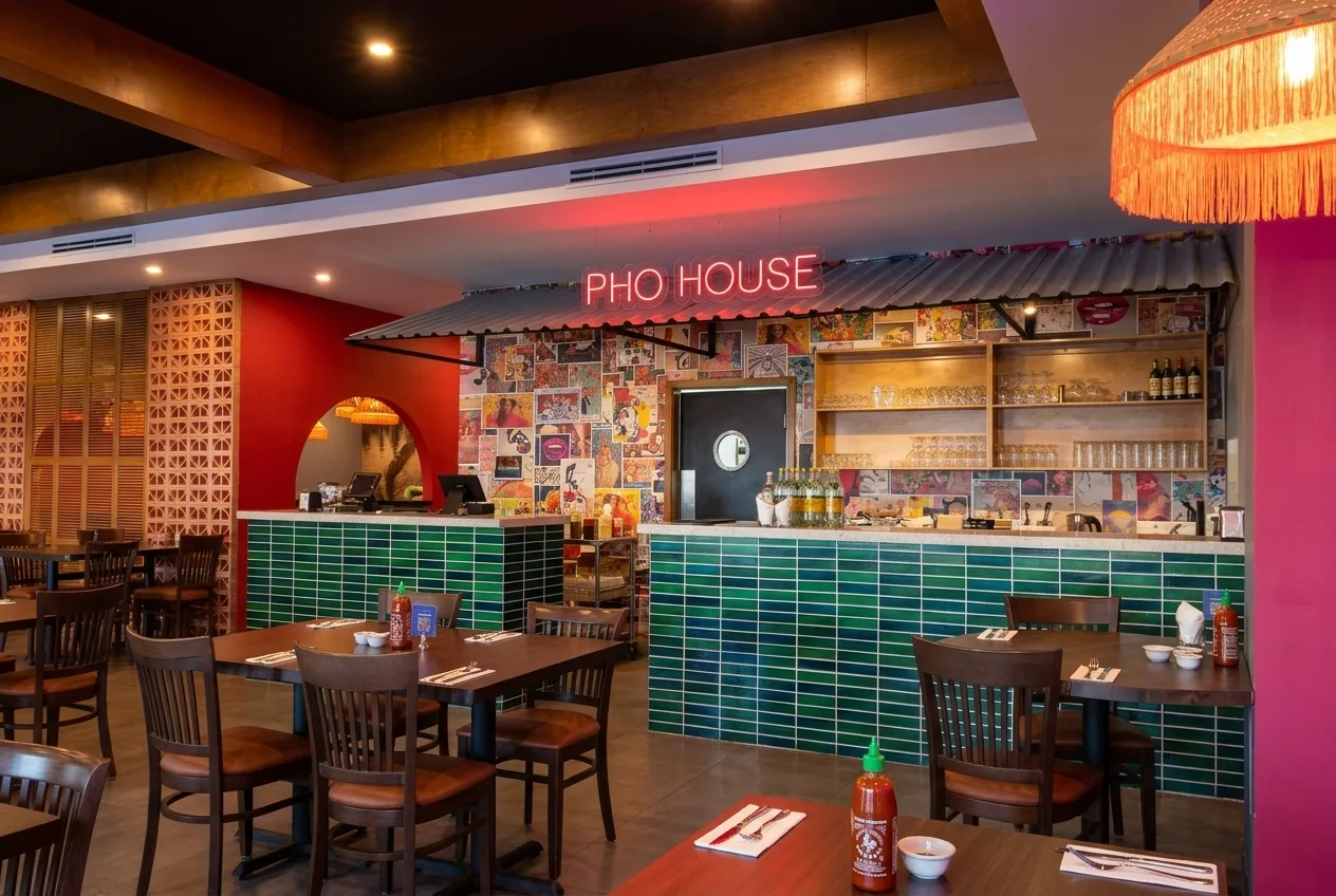 Interior de Pho House Mexicali: neón rojo con su nombre sobre la cocina, barras de azulejo verde, pared de collage pop y mesas de madera