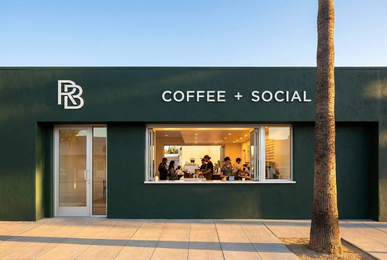 Fachada verde con monograma RB de Run Bro's Coffee + Social en la calle Brasil