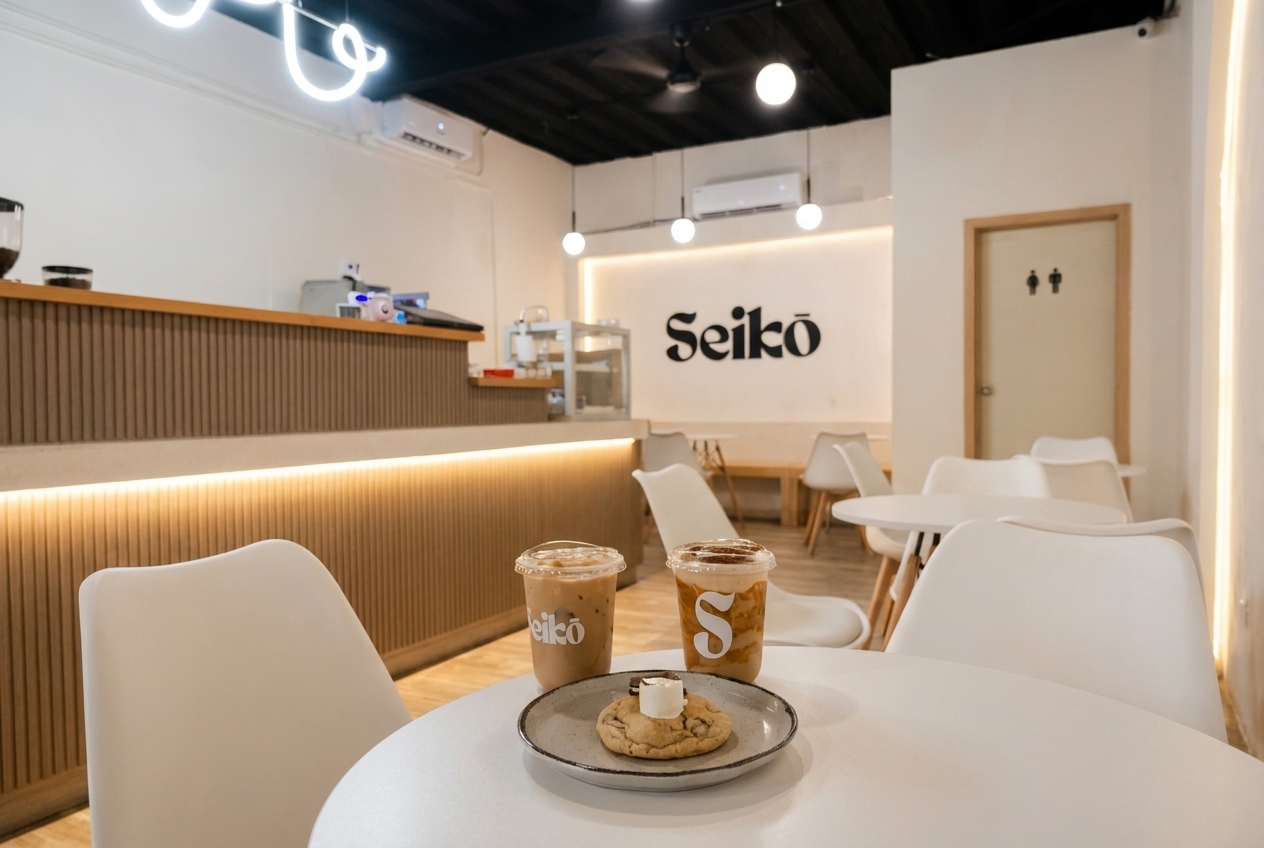 Interior minimalista de Seiko Coffee: logo Seikō en pared blanca, barra de madera y bebidas de la casa