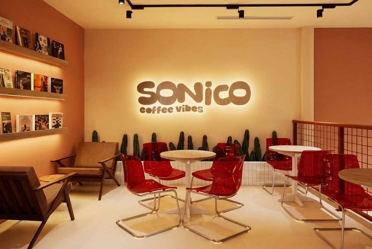 Interior retro de Sonico Coffee Vibes en el Edificio Lux