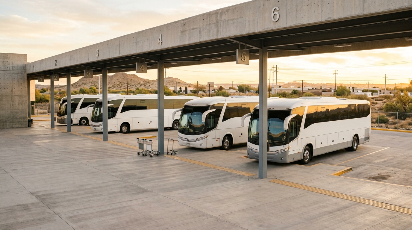 Andenes numerados de una central de autobuses con camiones foráneos al atardecer (imagen ilustrativa)
