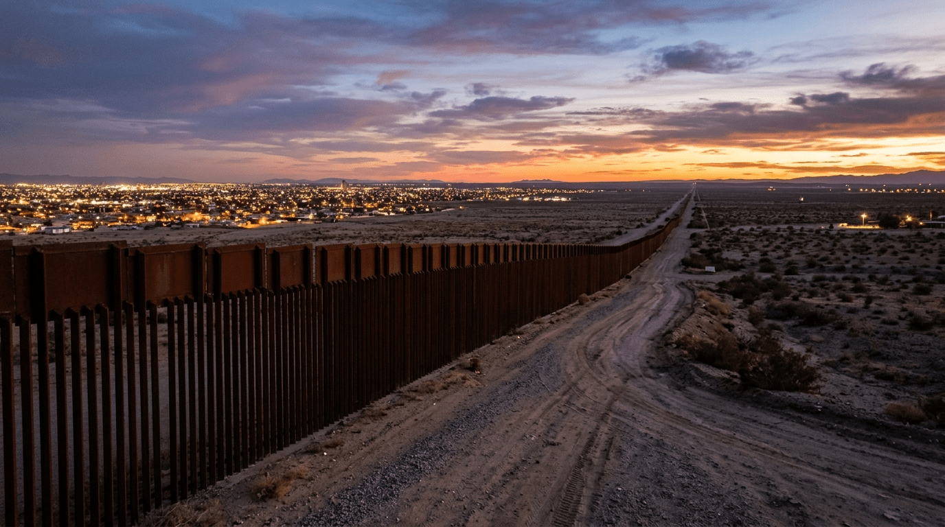 Border fence between Mexicali and Calexico at dusk, with city lights — illustrative image