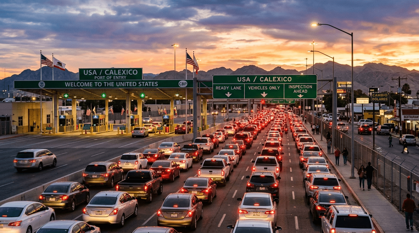 Cars lined up at sunset at the Calexico West port of entry (Mexicali downtown crossing) — illustrative image