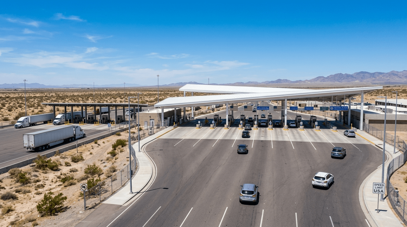Aerial view of the Calexico East port of entry in the desert — illustrative image